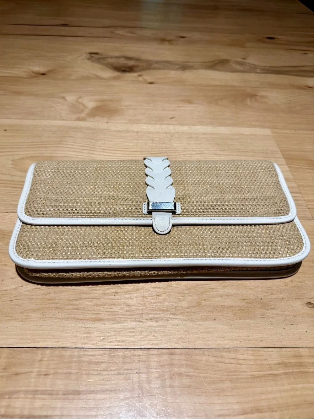 Cole Haan Beige Woven Clutch with White Trim